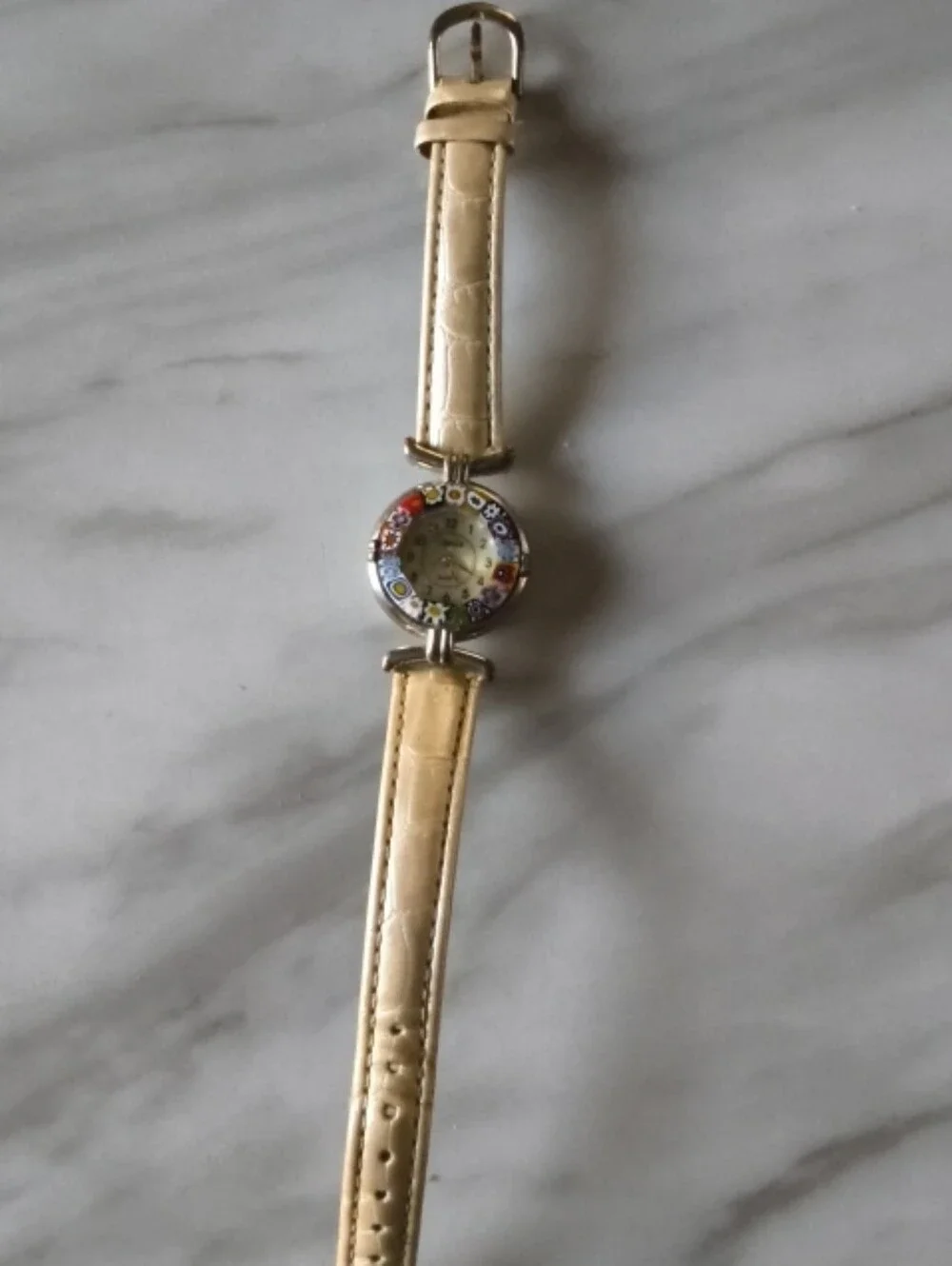 Venice Beige Leather-Strap Women's Watch with Colorful Floral Bezel